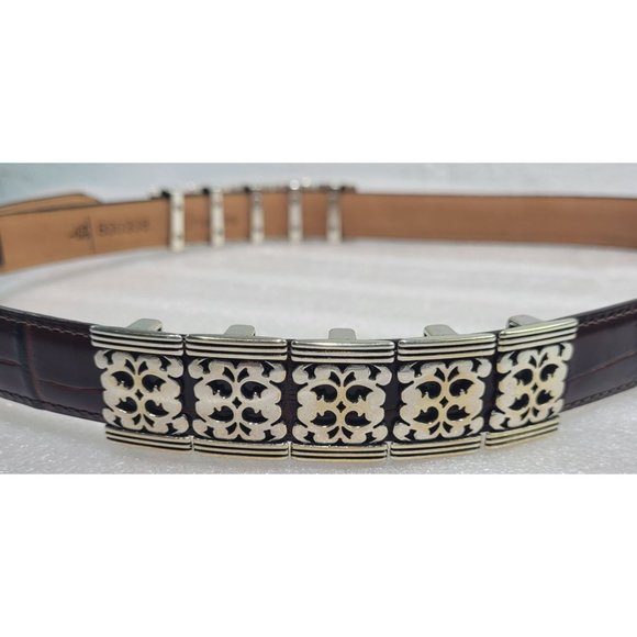 Brighton Embossed Brown Leather Belt Silver Buckle Embellishments L 34 B30338 - Picture 3 of 5
